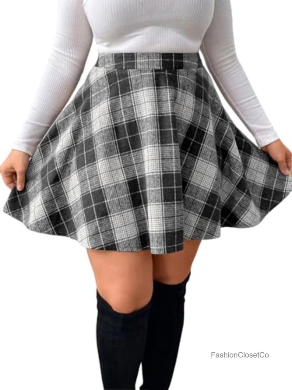 Plus Size Plaid A-Line Skirt High Waist Flared Pleated Mini